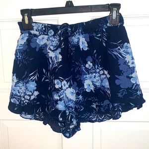 Blue Floral Drawstring Shorts with Ruffle Hem